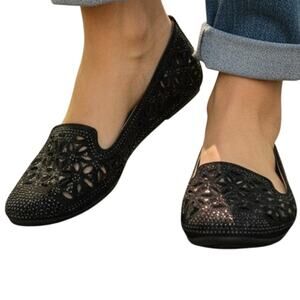 Forever Comfort Black Flats Sparkle Beaded Cushioned Excellent Sz 8